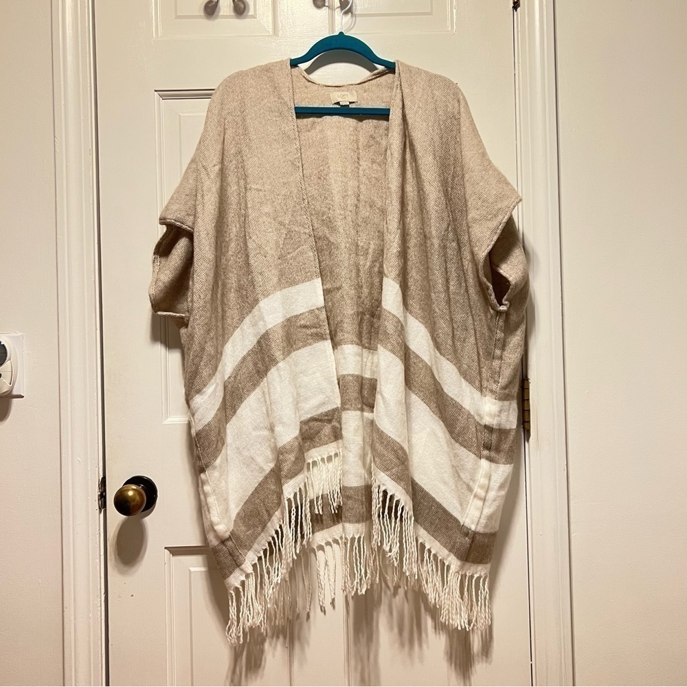 LOFT Women's Poncho Top Warm Neutral Color Stripe with Fringe One Size